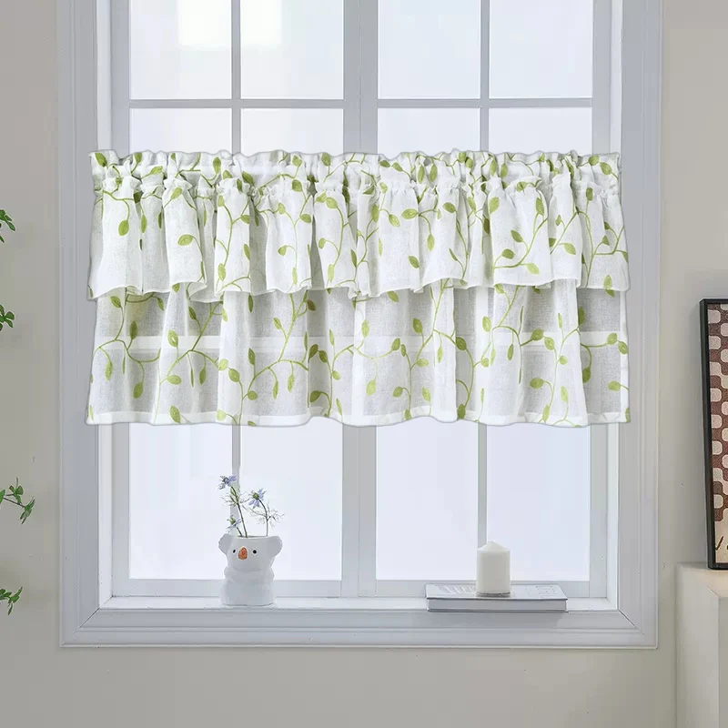 Green Leaf Embroidered Short Curtains Sheer Half Window Panel Gauze Kitchen Living Room Cabinet Decor Tulle Window Drapery