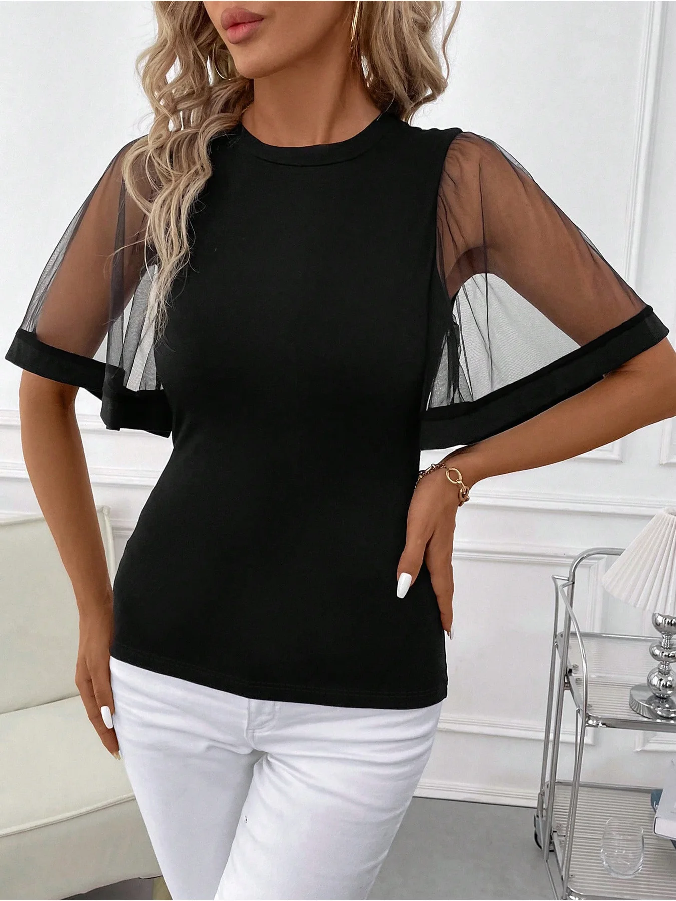 Crew Neck Mesh Flutter Short Sleeve T-Shirt Slim Fitted Solid Black Sheer Patchwork Casual Blouse Tops for Woman Clothes