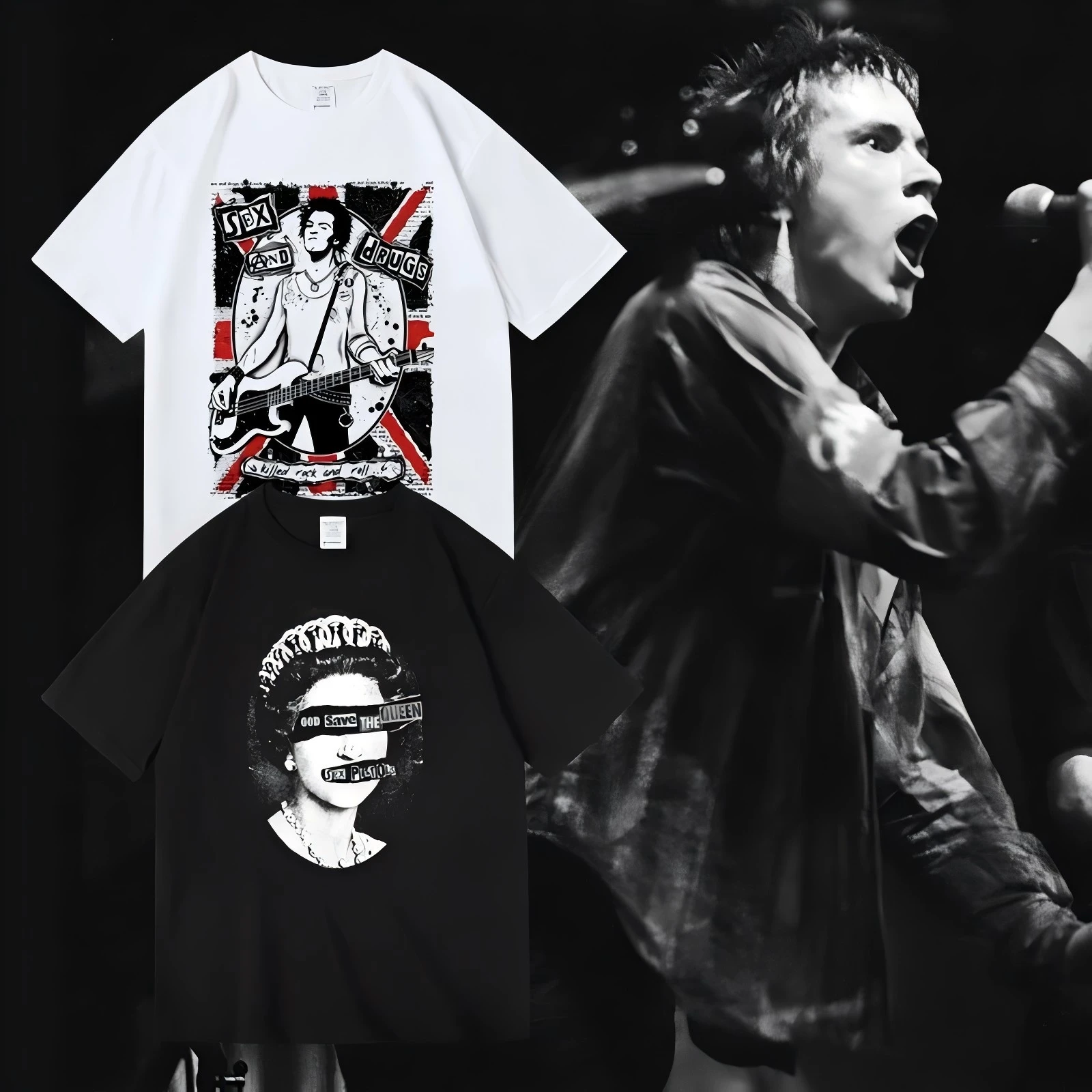 Camisetas Sex Pistols T Shirt Punk Band Vintage Material Barato Poliéster Masculino Verão Manga Curta Camisetas Gráficas