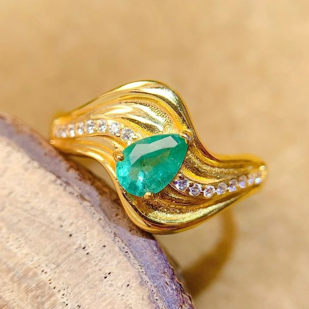 

925 Silver Natural Emerald Ring 4x6mm Certified Emerald Silver Jewelry Exquisite Gold Plated Wave Design Silver Gemstone Ring