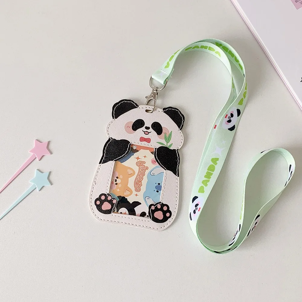 Porta carte di animali simpatico cartone animato con cordino Portafoto in pelle PU Porta badge impermeabile Porta documenti