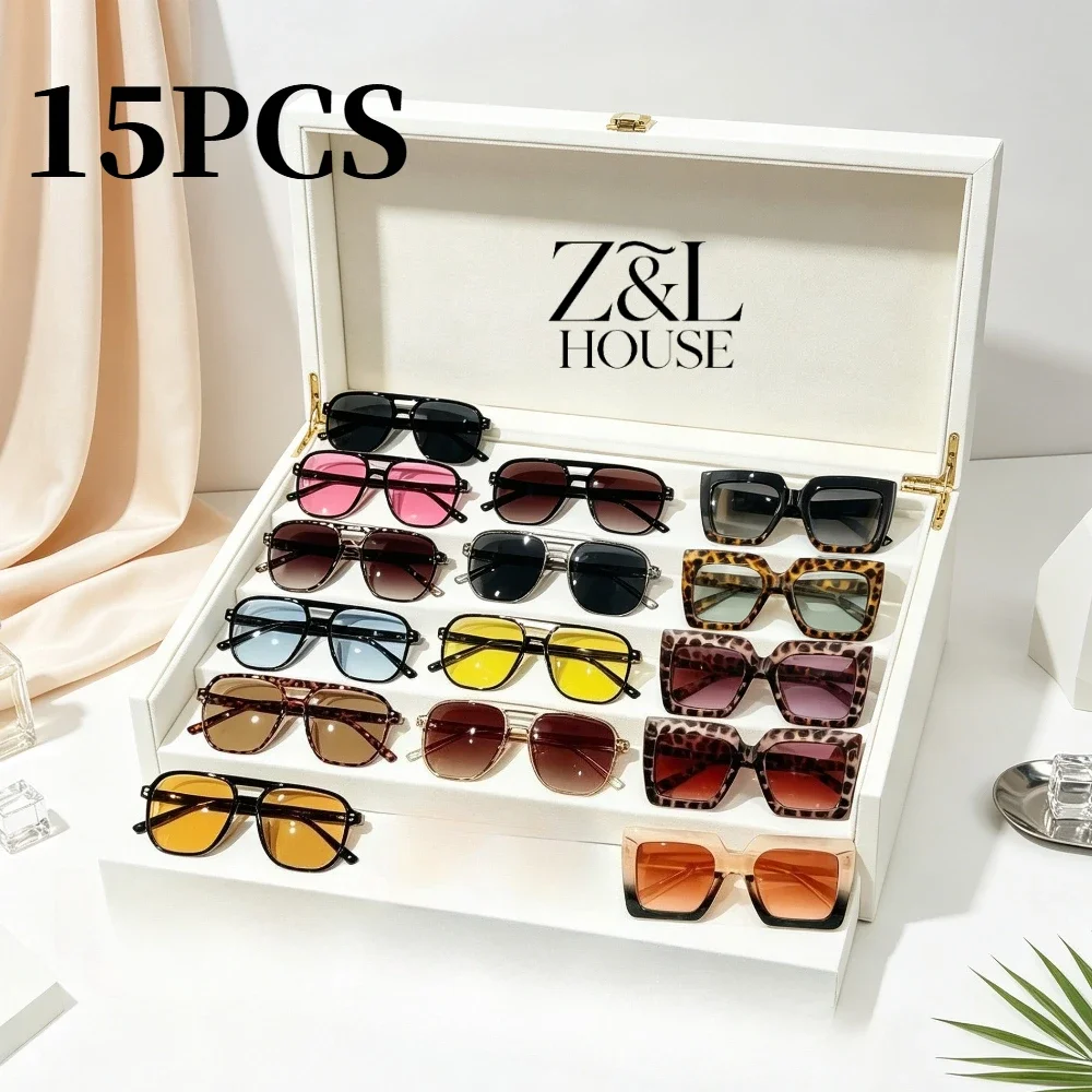 15PCS Retro Pilot Square Sunglasses Unisex Suit, Retro Double Beam of Light Leopard Print Gradual Change Lenses, Fashionable Outdoor Sunglasses, Suitable for Daily Vacation Dating Parties, Random Colors