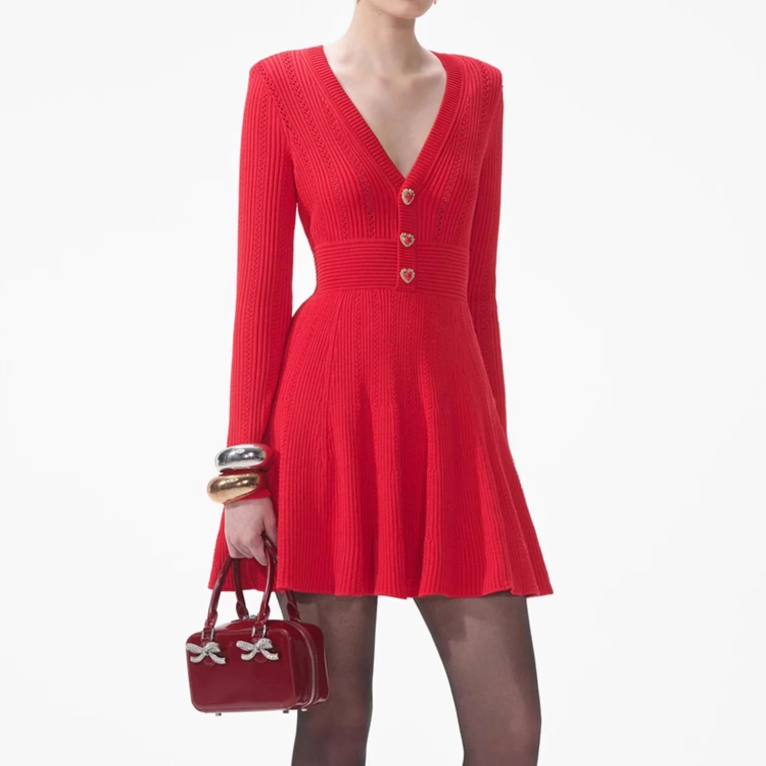 

New Year Red Dress for Women Autumn Winter Designer Elegant Love Buckle V-Neck Long Sleeve Knitted A Line Sweater Dress