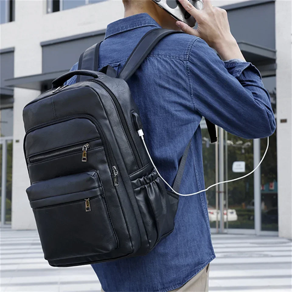 High Quality USB Charging Backpack Men PU Leather Backpack Large Laptop Backpacks Male Mochilas Schoolbag For Teenagers Boys