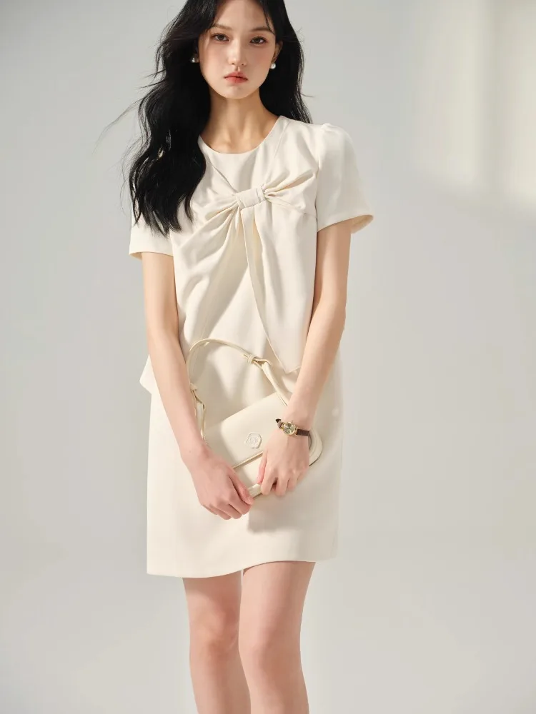 Doce arco vestido de manga curta feminino verão falso de duas peças a linha mini vestido elegante estilo coreano roupa diária ou data olhar