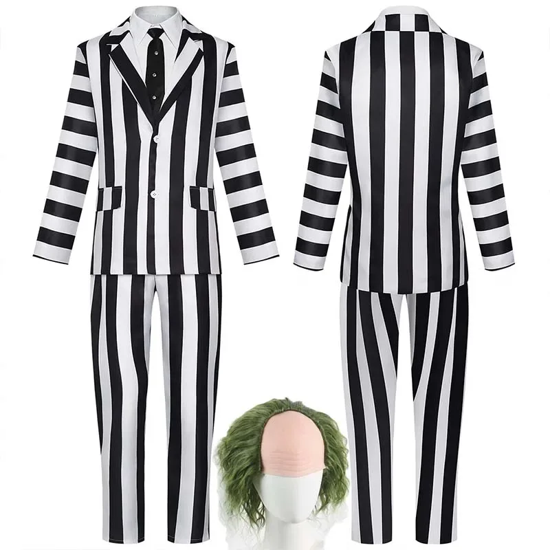 

Adult Black And White Striped Suit Halloween Costume Scary Horror Comedy Movie Beetle Cosplay Outfit with Shirt And Tie