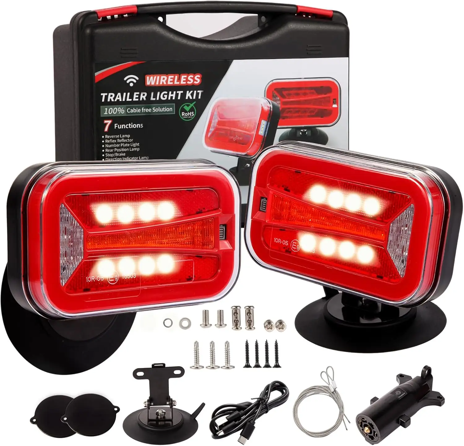 

Magnetic Wireless Trailer Lights Kit – Rechargeable LED, 90° Rotatable, 2.4GHz Up to 100FT, Waterproof for Truck, RV, Boat