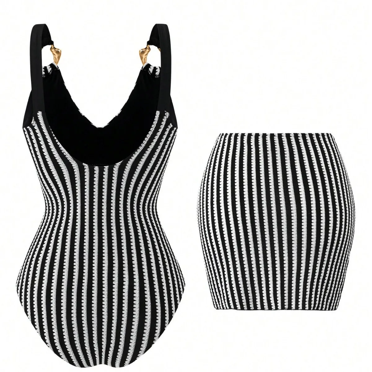 Textured Jacquard Stripe Monokini 2Pcs Bikini Set V‑Neck Gold Ring One‑Piece Swimsuit Side‑Tie Wrap Sarong Skirt Women Beachwear
