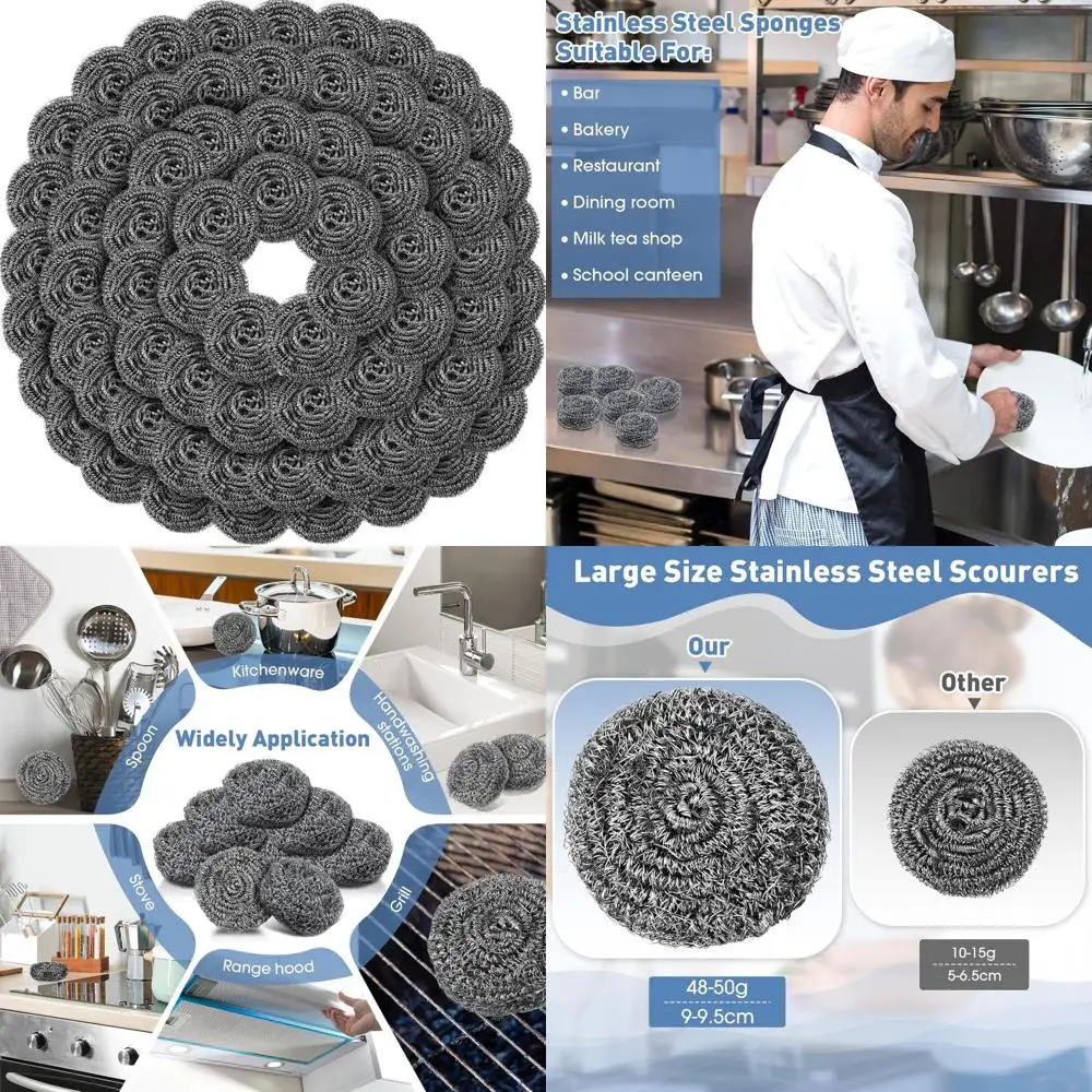 

72-Pack Large Stainless Steel Scrubbers - Heavy Duty Scouring Pads for Deep Cleaning Dishes, Cookware, and Kitchen Appliances