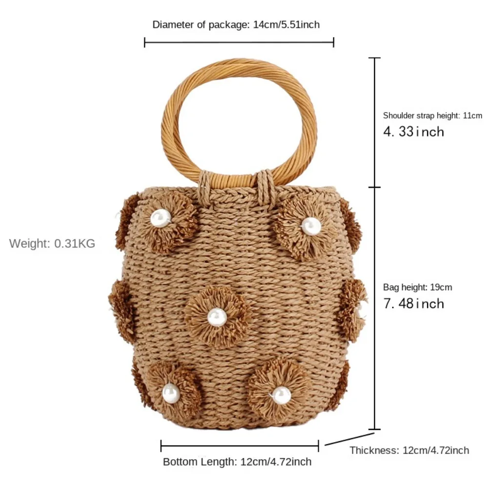 Flower Pearls Handmade Woven Bag Stylish Picnic Basket Large Capacity Handbag Round Trendy Bucket Bag Summer