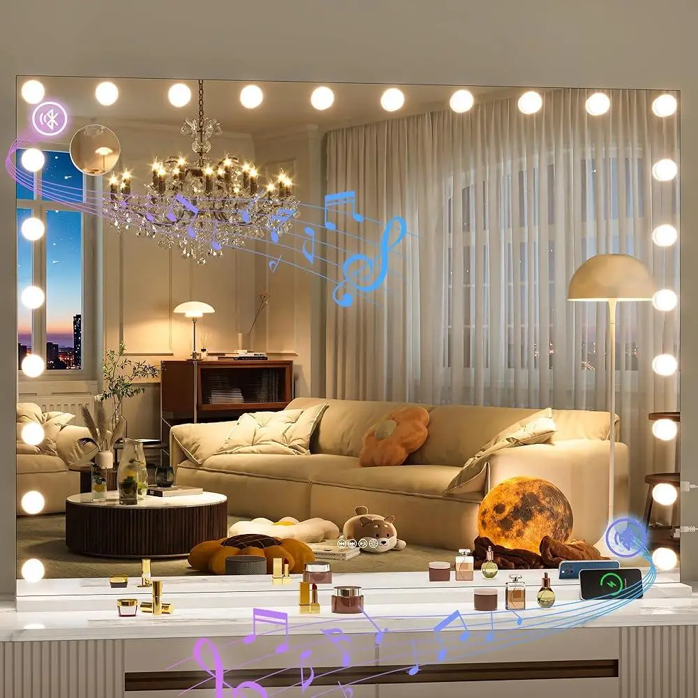 Lighted Vanity Mirror with Bluetooth Speaker 24 Dimmable LED Bulbs Adjustable Brightness 3 Lighting Modes Touch Control