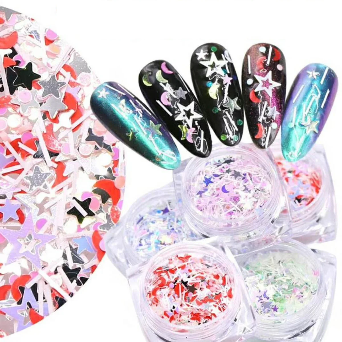 

12 Bottles Nail Sequin Stickers Star Moon Nail Art Decals Chic Creative Designs for Birthday Holiday Party Women Girls