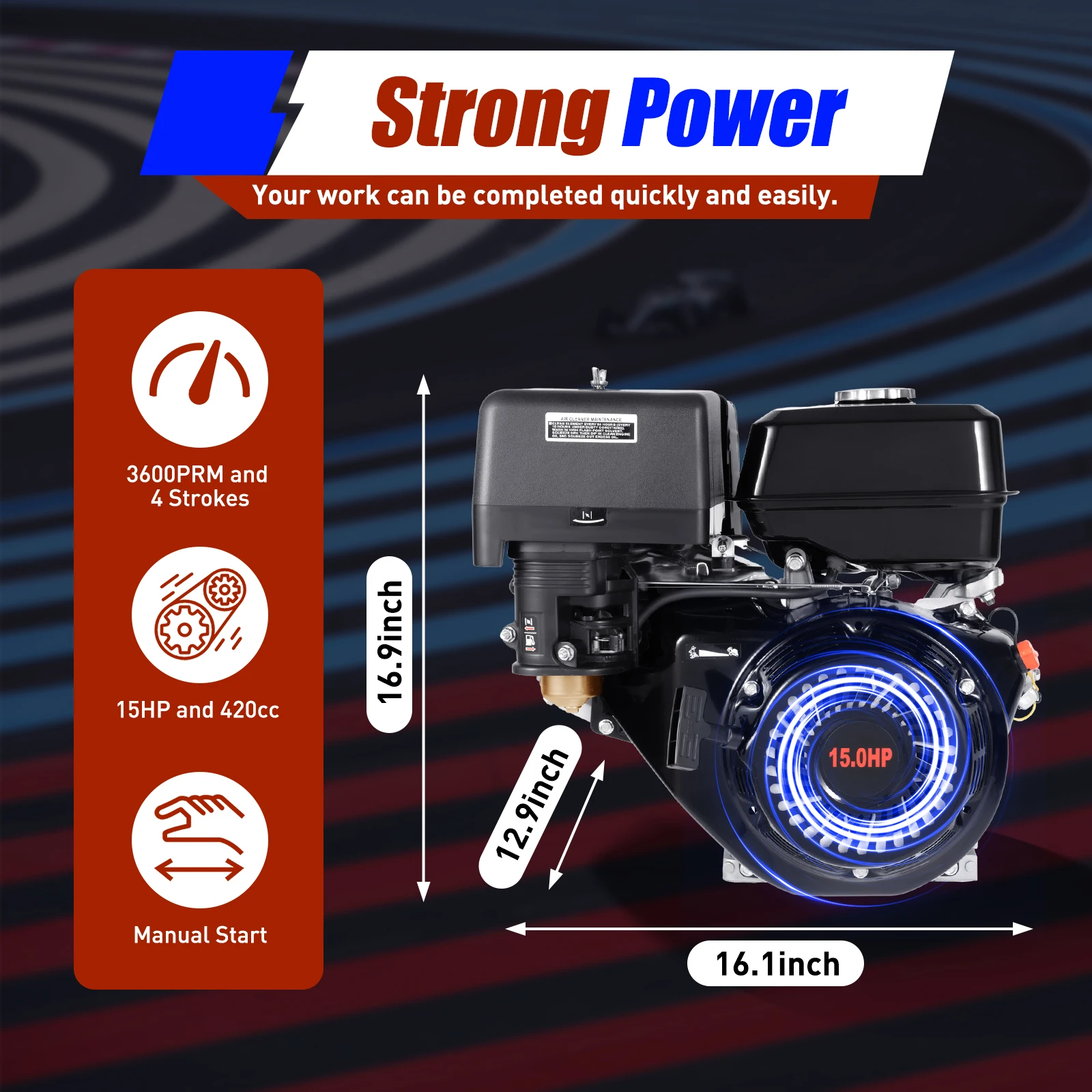 Go Kart Motor Engine Gas Engine Motor 4-Stroke 420CC 15HP Gas Horizontal Engine OHV Single Cylinder Manual Petrol Engine