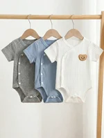 threePiece Summer Newborn Baby Boy Set White, Blue, Gray Short-Sleeve Cardigan Rompers with Bear Embroidery Comfortable Fabric 4