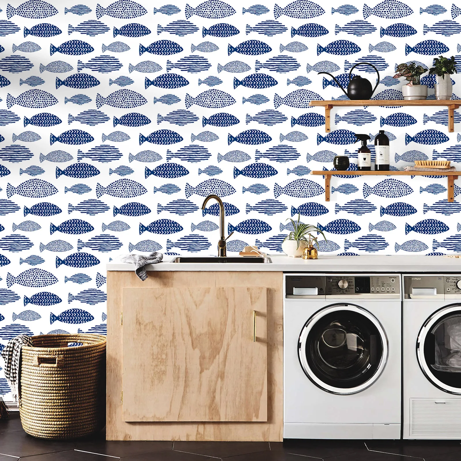 Blue and White Cartoon Fish Wallpaper Modern Self Adhesive Removable Waterproof Wall Paper for Cabinet  Kids Bedroom Decoration