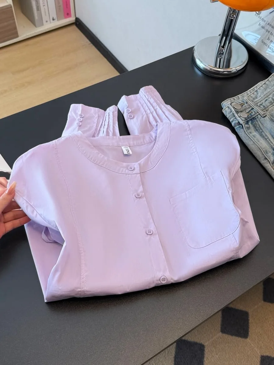 

Элегантная однотонная женская рубашка Весна 2026, повседневная, свободного кроя, дышащая, из смесового хлопка и полиэстера, с длинным рукавом, круглый вырез горловины