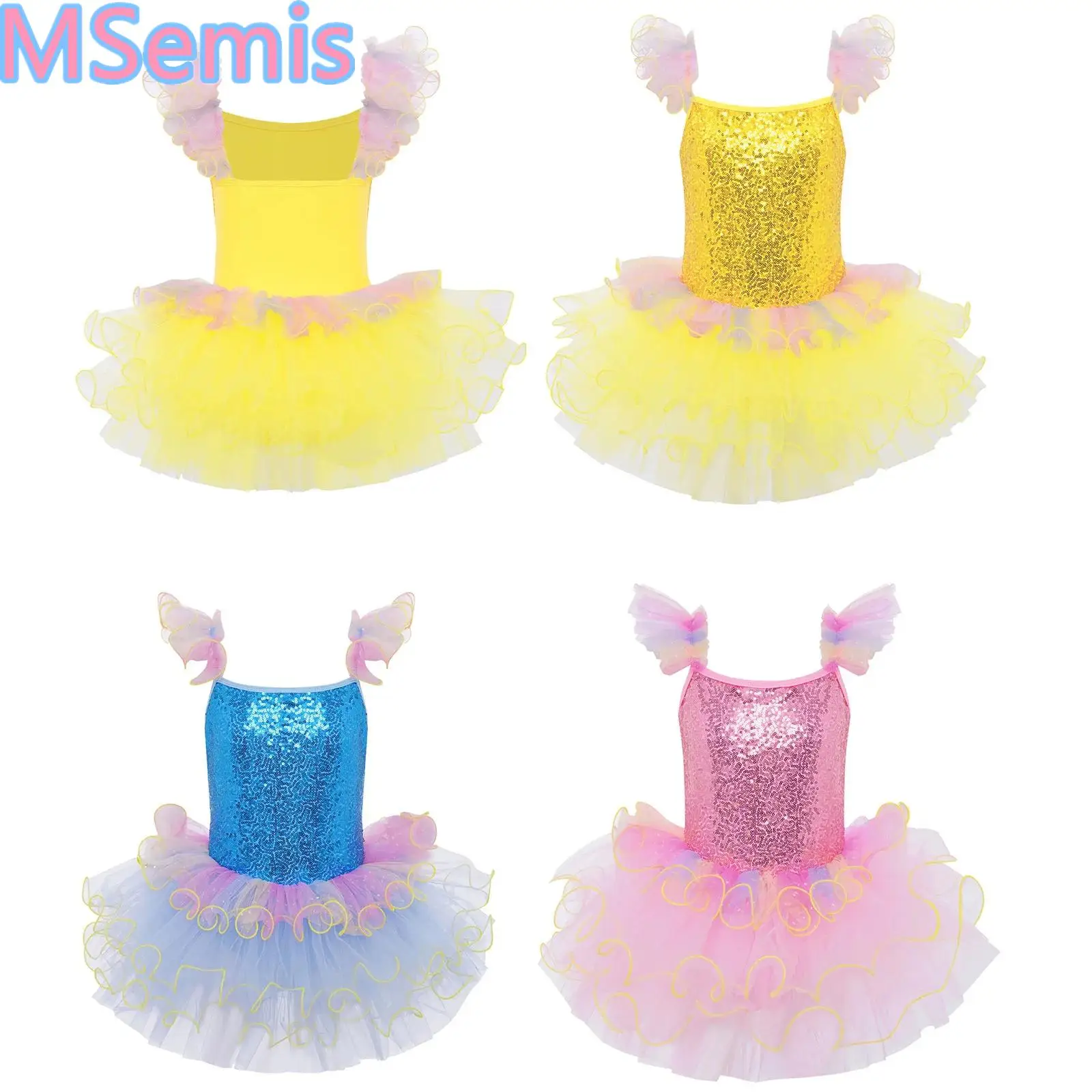 

Kids Girls Ballet Dance Dress Ruffle Sleeves Sequin Bodice Layered Tulle Leotard Dress Gymnastic Ballerina Performance Costumes