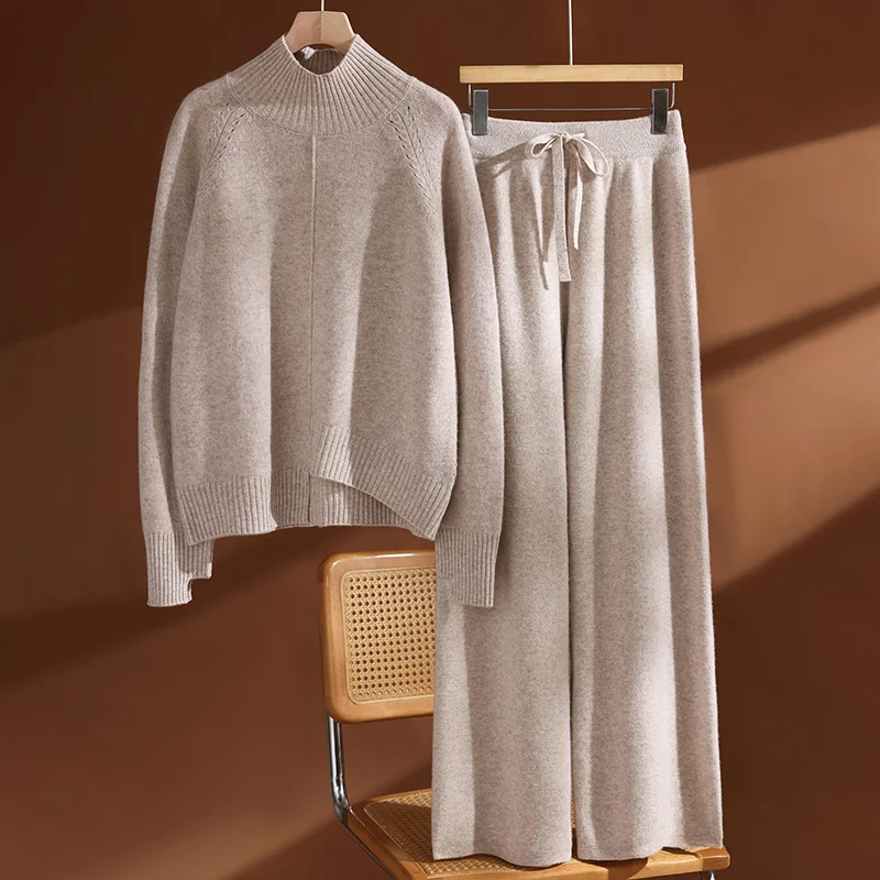 CHICUU-Jersey de cuello alto para mujer, suéter, pantalones de pierna ancha, conjunto de 100% de punto de lana grueso, informal, Otoño Invierno, conjunto de prendas de punto de Cachemira
