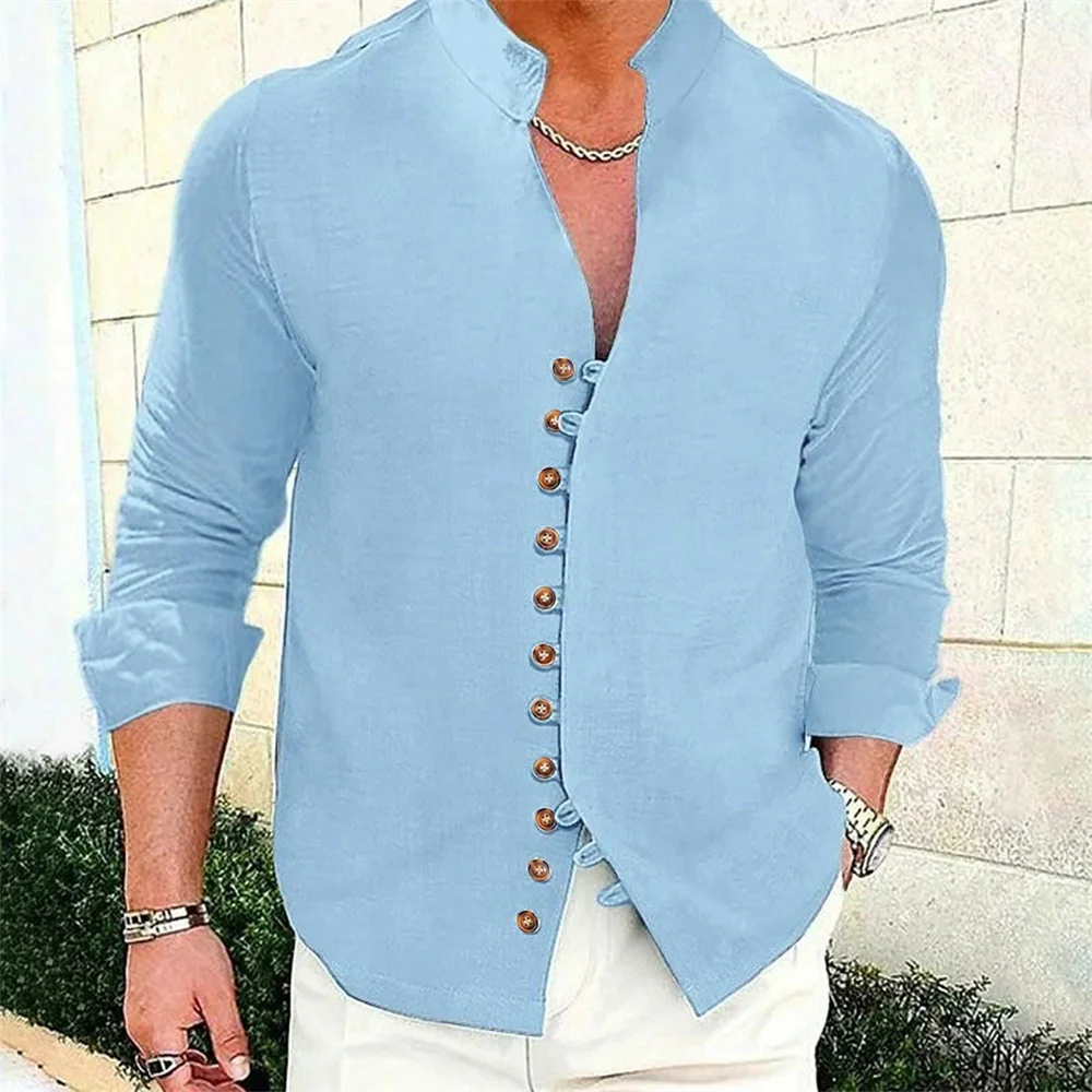 

Men's Cotton Linen Shirt V-neck Solid Color Breathable Lightwight Casual Vacation Style Male Cozy Button Tops Long Sleeve Top