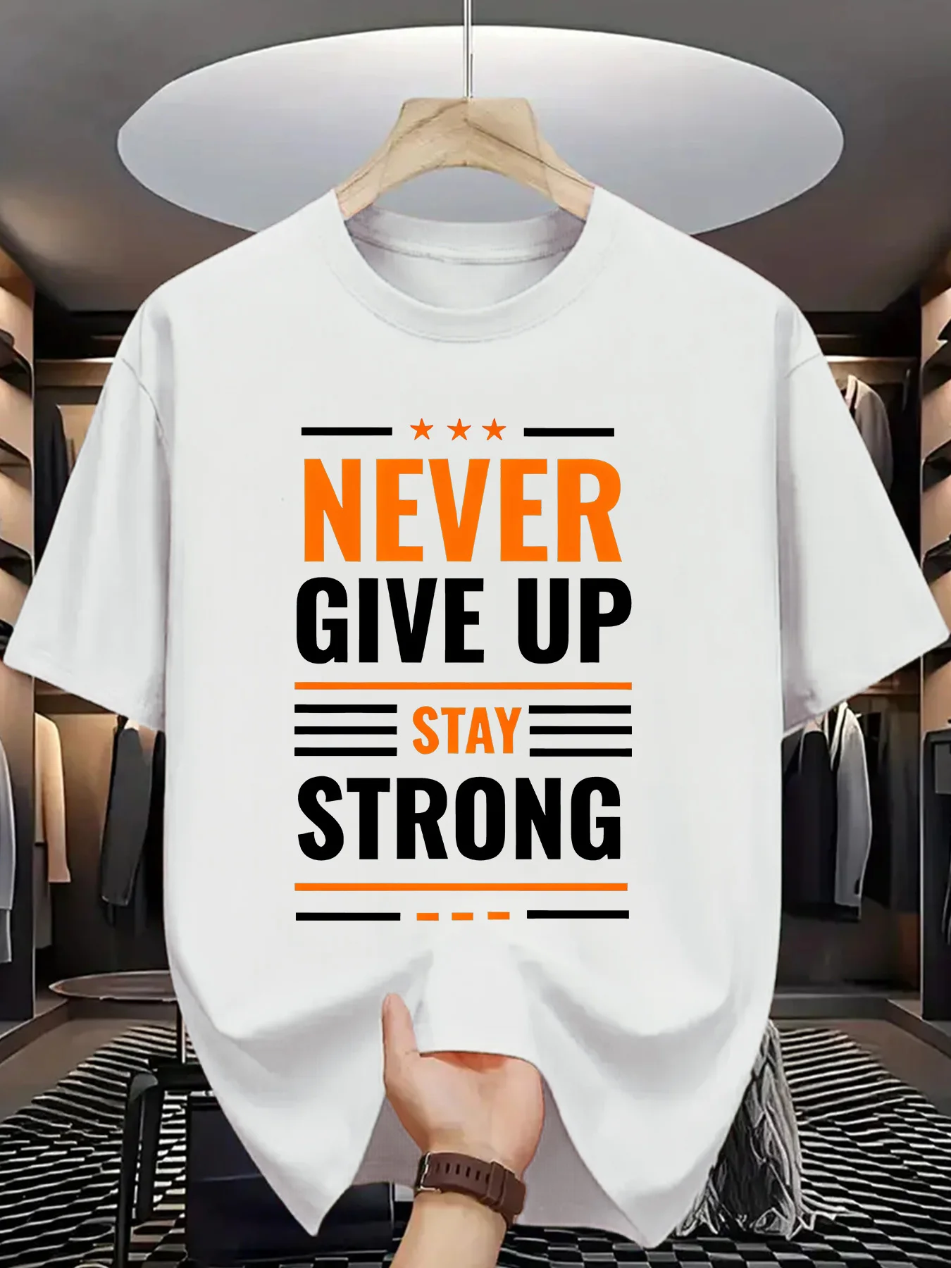 Never Give Up Stay Strong Mens Crew Neck T Shirt Star Motivational Letter Graphic Short Sleeve Tee Casual Male Street Tops