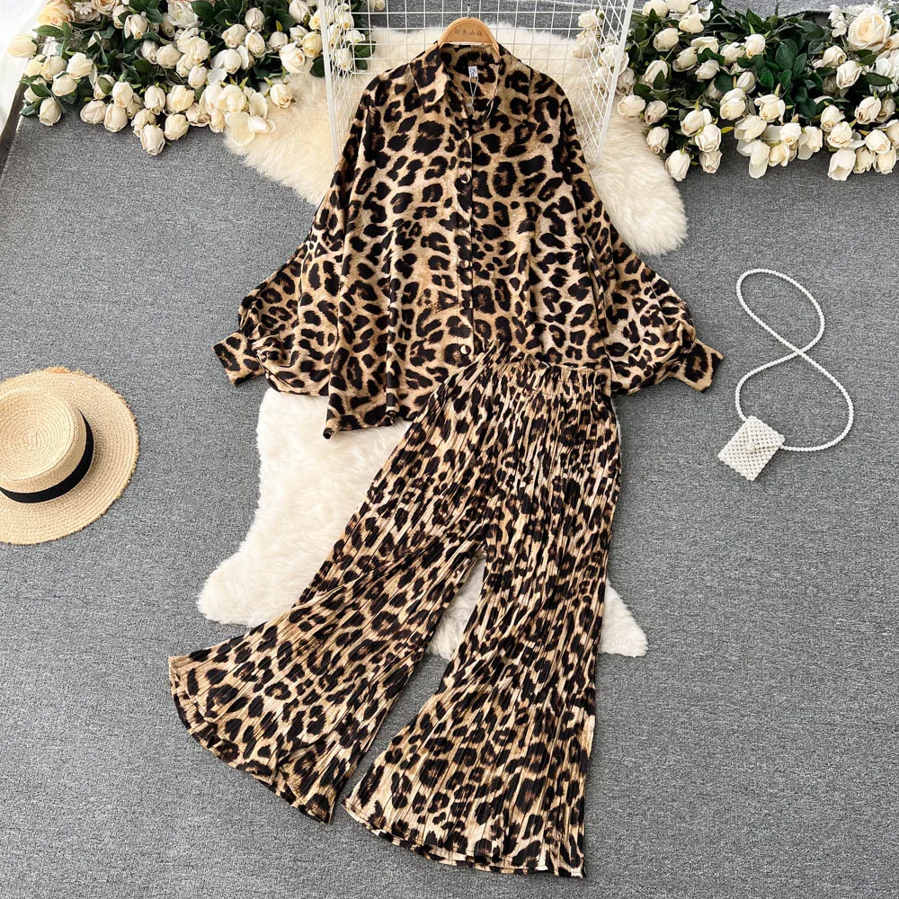 Fashion Women Pajamas 2-piece Sets Lantern Sleeve Printed Shirt Top + High Waist Casual Wide Leg Pants Two-piece Set Sleepwear