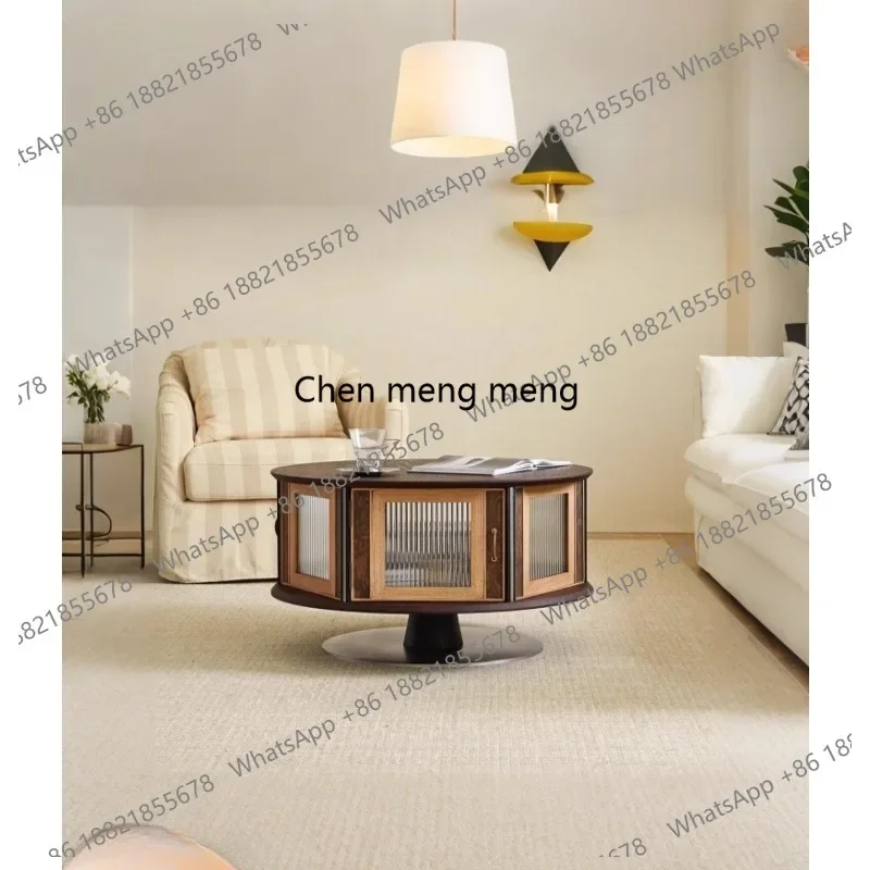 

French retro solid wood molan round coffee table medium and ancient style living room coffee table low table customization