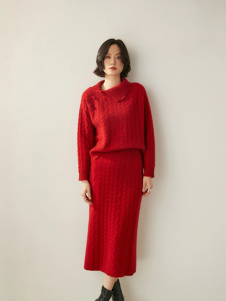 New Chic Women 100% Cashmere Sweater Suit Cable Knit Pullover and Skirt Autumn Winter Grace Chinese Style Knitwear Suit Dress