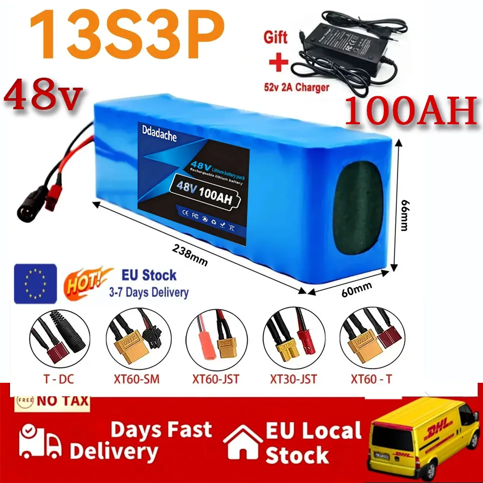 Nouvelle batterie lithium-ion 48V 100000mAh 2000W 13S3P DC/T adaptée aux moteurs 48V avec BMS + chargeur 54.6V