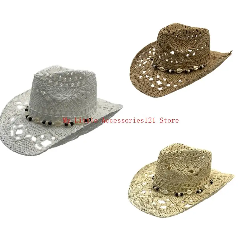 

Elegant Woven Straw Sun Hat With Seashells Accents Wide Brims Hat For Vacation