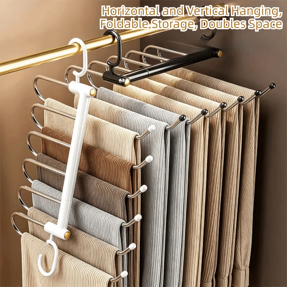 Space Saving Folding Pants Rack Non Slip Foldable L-Type Closet Organizer 90°Rotating Hook Multi Functional