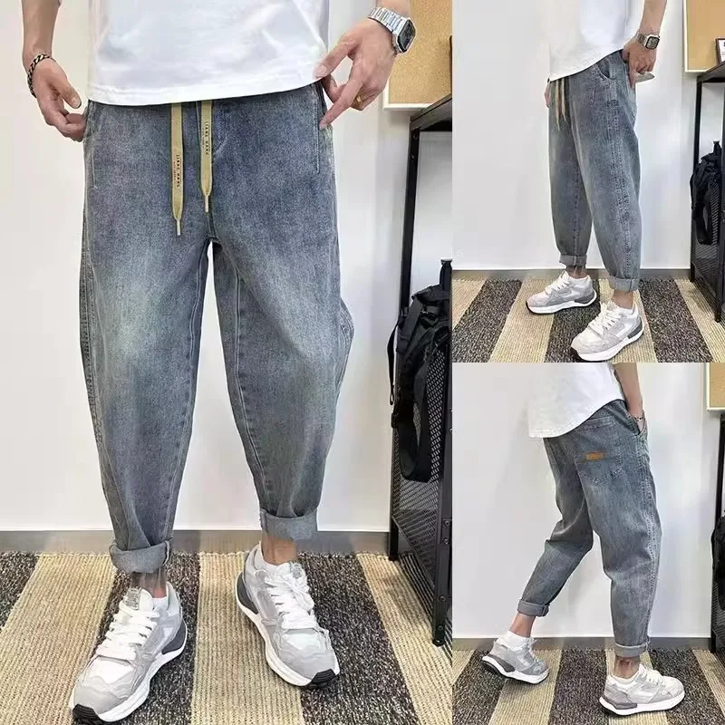 

plus Size Men's Denim Pants High Street Loose Harlan Trousers Elastic Waist Wide Leg Nine Points Small Footwear Jeans