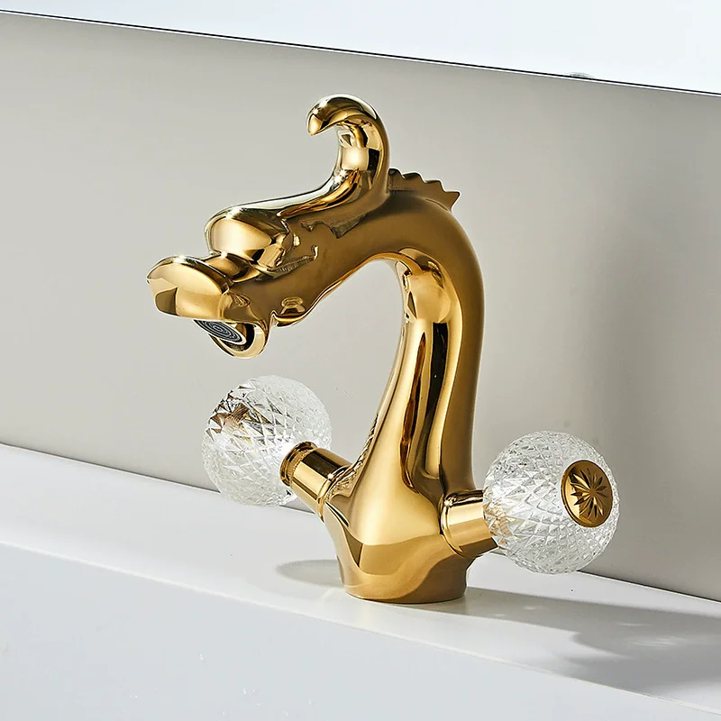 Luxury Bathroom Sink Tap Hot and Cold Crystal Handle Basin faucet Creative Water Brass Gold Sink Tap Dragon Design
