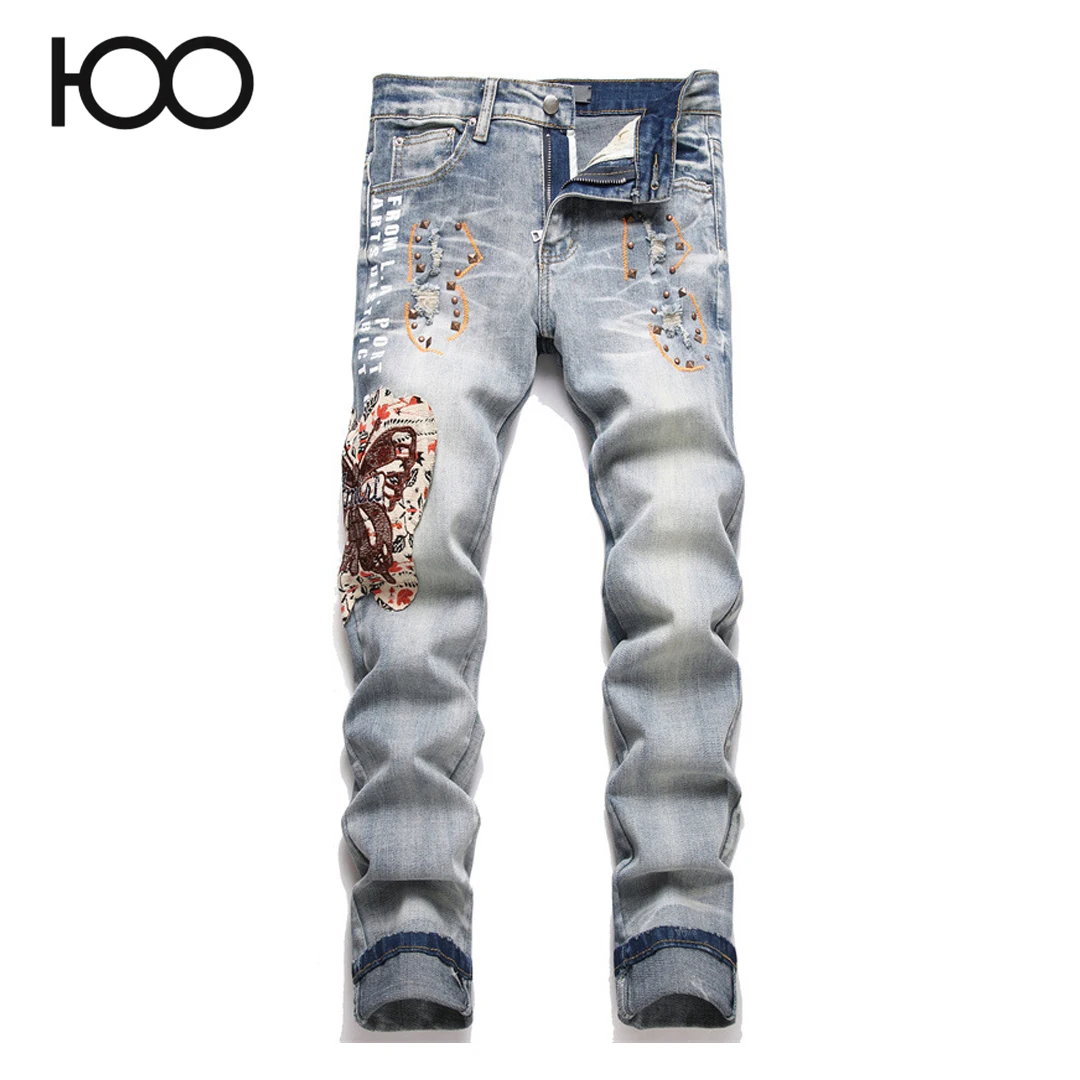 S3865   100 charareiharper  Men's jeans new slim fit elastic perforated patch embroidered fashionable men's small leg jeans