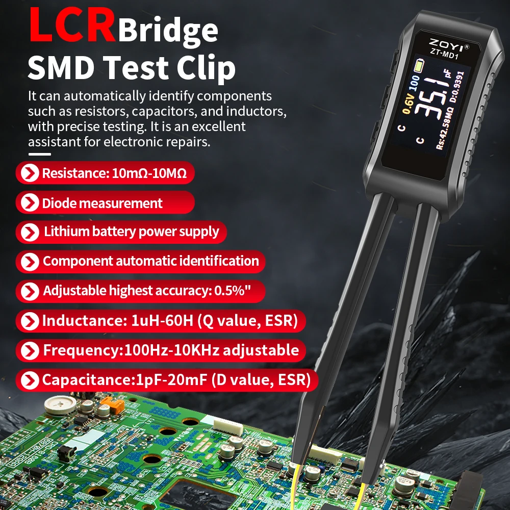 zoyi zt md1 pinca inteligente digital lcr smd esr testador resistencia capacitancia indutancia continuidade diodo teste ferramentas de medicao 01