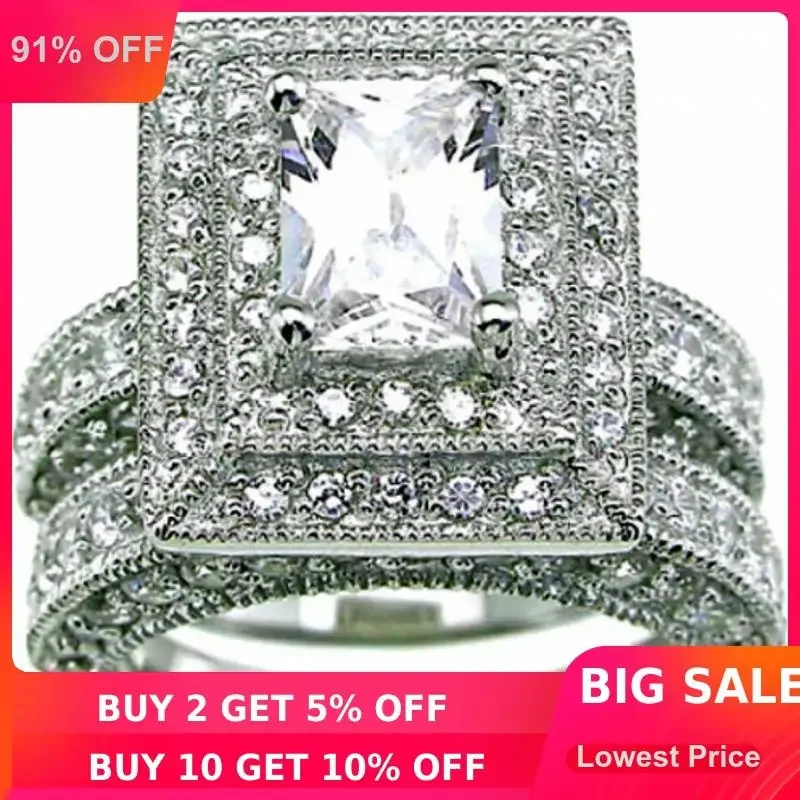 

choucong Vintage 2-in-1 Engagement Band 139pcs Stone 5A Zircon stone 14KT White Gold Filled Wedding Ring Set Sz 5-11