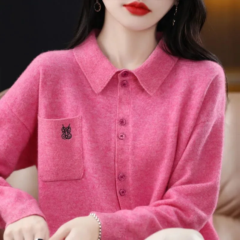 Autumn Winter Sweater Cardigan Coat Bottoming Shirt Loose Embroidery Split Pocket Warm Double-Sided Velvet New Tops Female