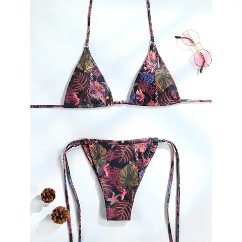Swimsuit Ladies Print Bikini Triangle Swimwear Halter Swimsuits String Bathing Suit Micro Bikinis Brazilian Beachwear