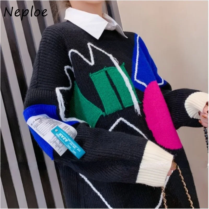 Contrast Color Panelled Student Sweater Women Autumn Winter New O-neck Knitted Pullover Tops Woman Loose Fashion Sweaters