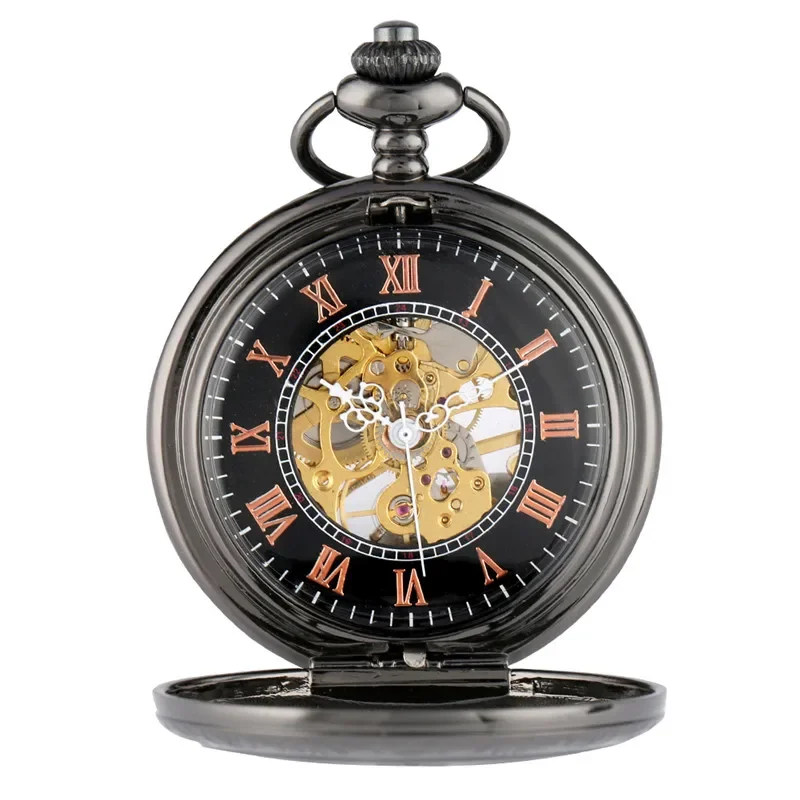 Vintage Black Hollow Flower Design Pocket Watch Retro Men Women Hand Winding Mechanical Pendant Watches FOB Chain Clock Gifts