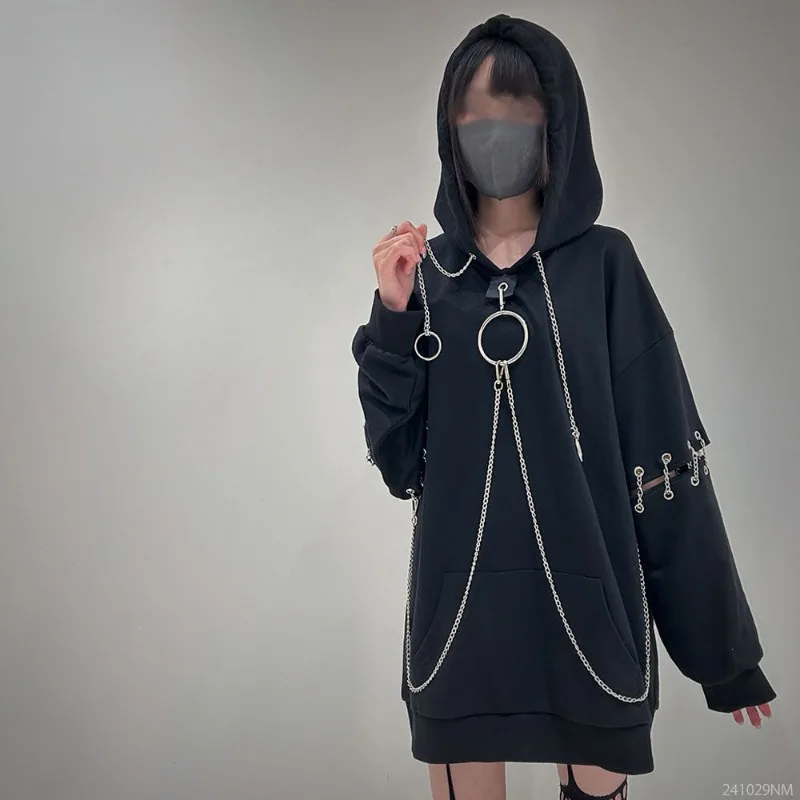 Gothic Japanese Medium And Long Sweatshirts Loose Pullover Bottom Hoodies Broken Sleeves Personalized Top Versatile Hooded Women