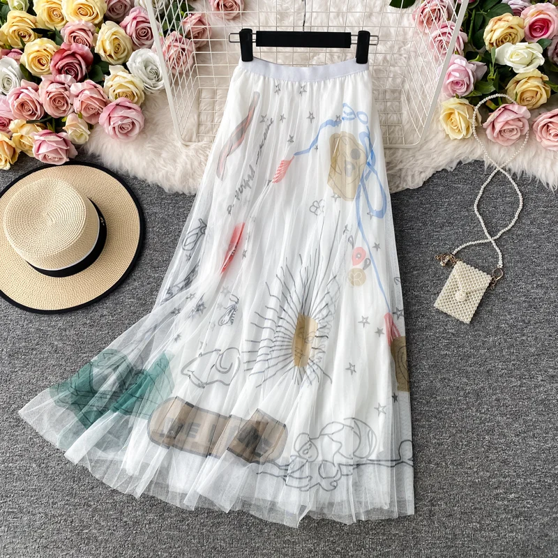 OCEANLOVE 2023 High Waist Skirts Women Print Mesh A-line All Match Mujer Faldas Korean Vintage Fashion Long Skirt Clothing 17449