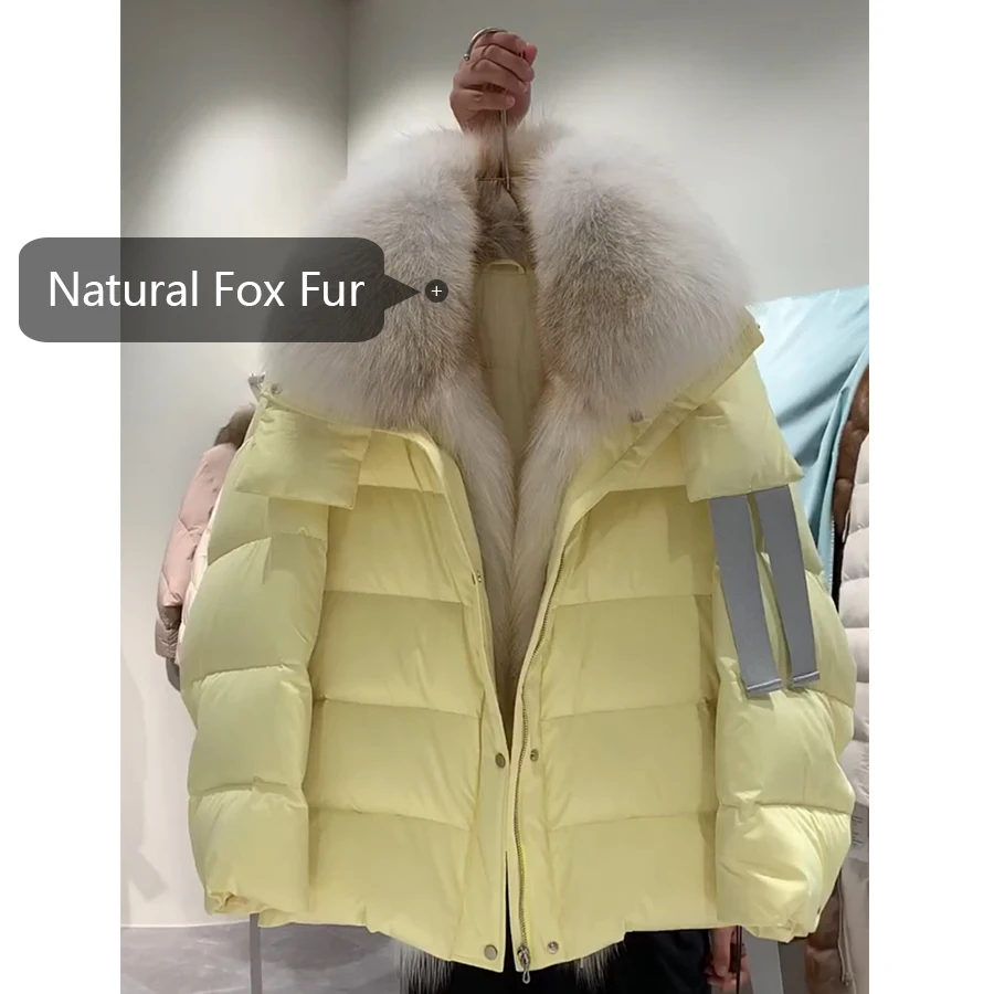 CNEGOVIK 2023 chaqueta de plumón para mujer con chaqueta de piel de zorro con abrigo de piel auténtica para mujer cuello de piel de zorro Natural