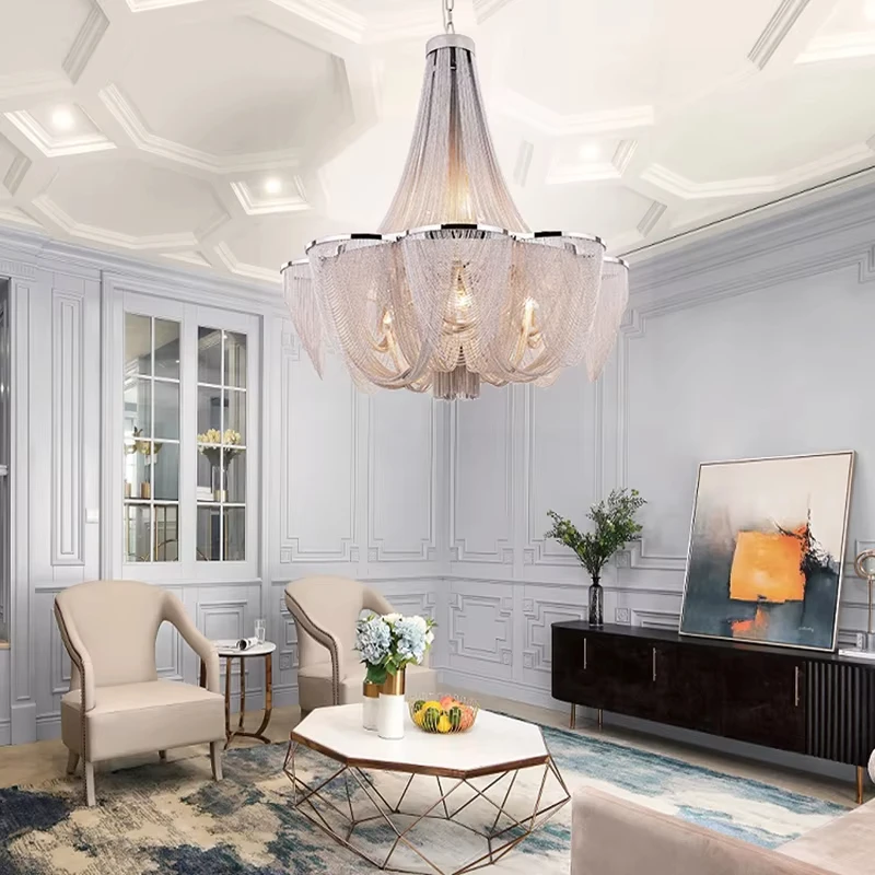 رائعة ضوء السقف سلسلة قلادة ضوء السقف سلسلة الألومنيوم Led الإضاءة التعميم الكروم غرفة المعيشة الكروم لمعان الضوء