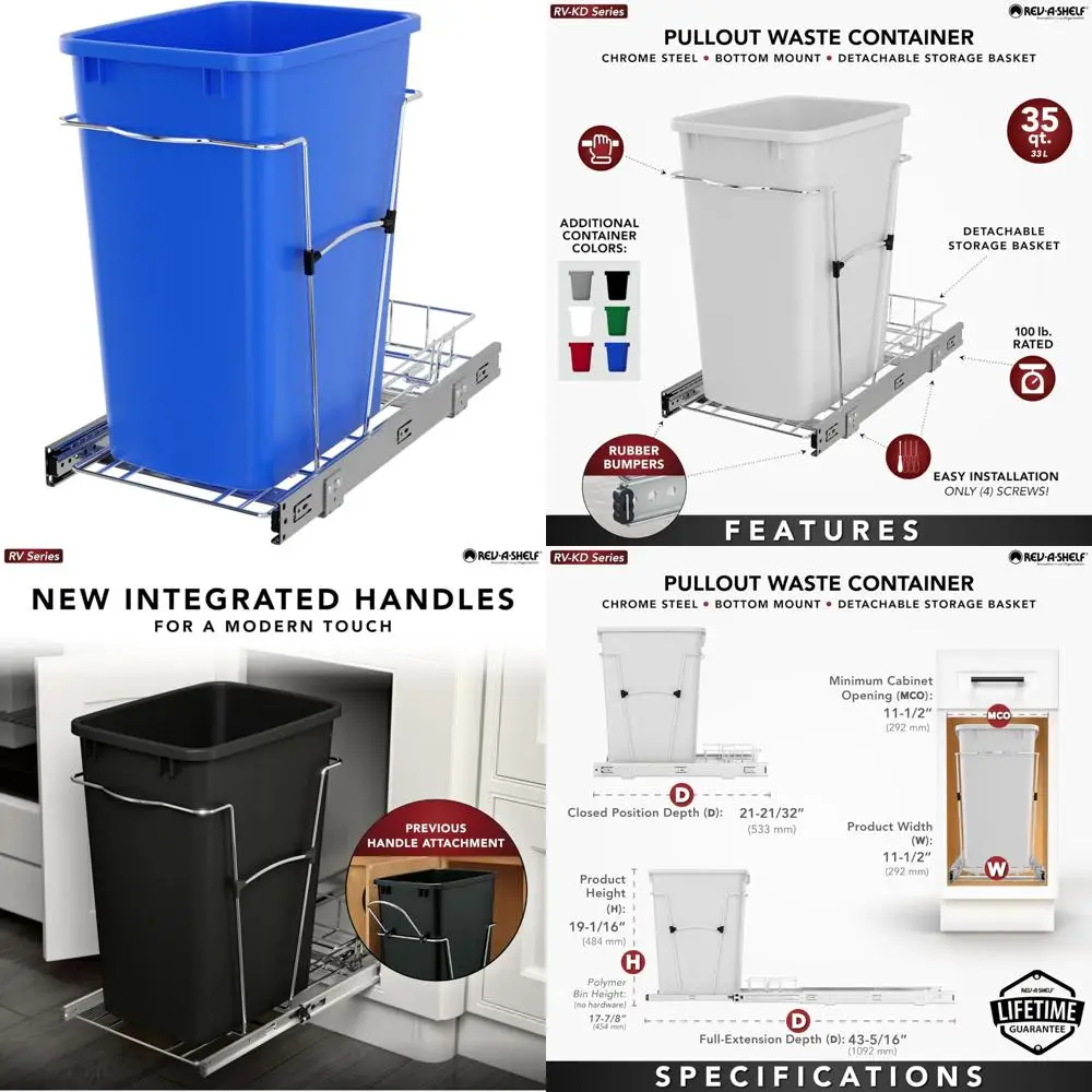 

Kitchen Cabinet Pullout Trash Can 35 Qt Waste Recycling Bin with Full Extension Slides Blue Under Cabinet Storage Solution