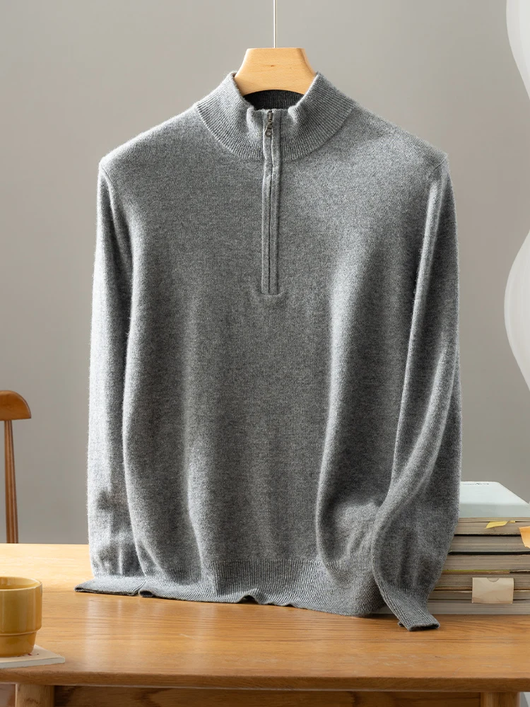 New Men 100% Cashmere Sweater Mock Neck Zipper Pullover Autumn Winter Soft Warm High Quality Smart Casual Cashmere Knitwear Tops