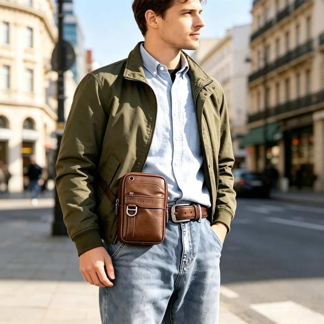 Genuine Leather Waist Bag Men 4 Layer Crossbody Shoulder Phone Bag Large Capacity Casual Outdoor Fanny Pack Fits 7.5 Inch