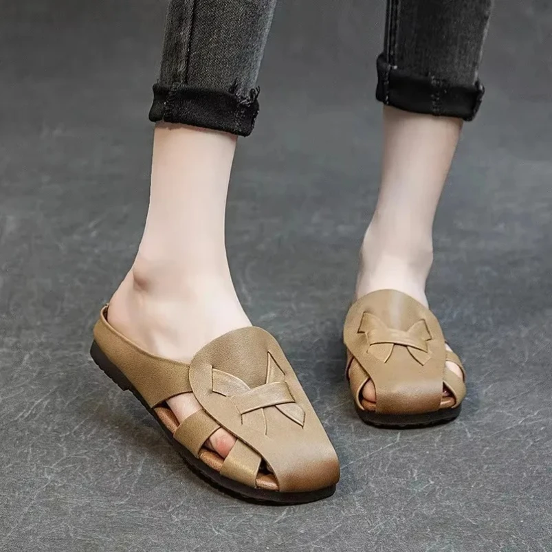 

2025 летние тапочки ручной работы в стиле ретро, женские повседневные тапочки из натуральной коровьей кожи с мягкой подошвой из коровьей кожи, женские уличные тапочки