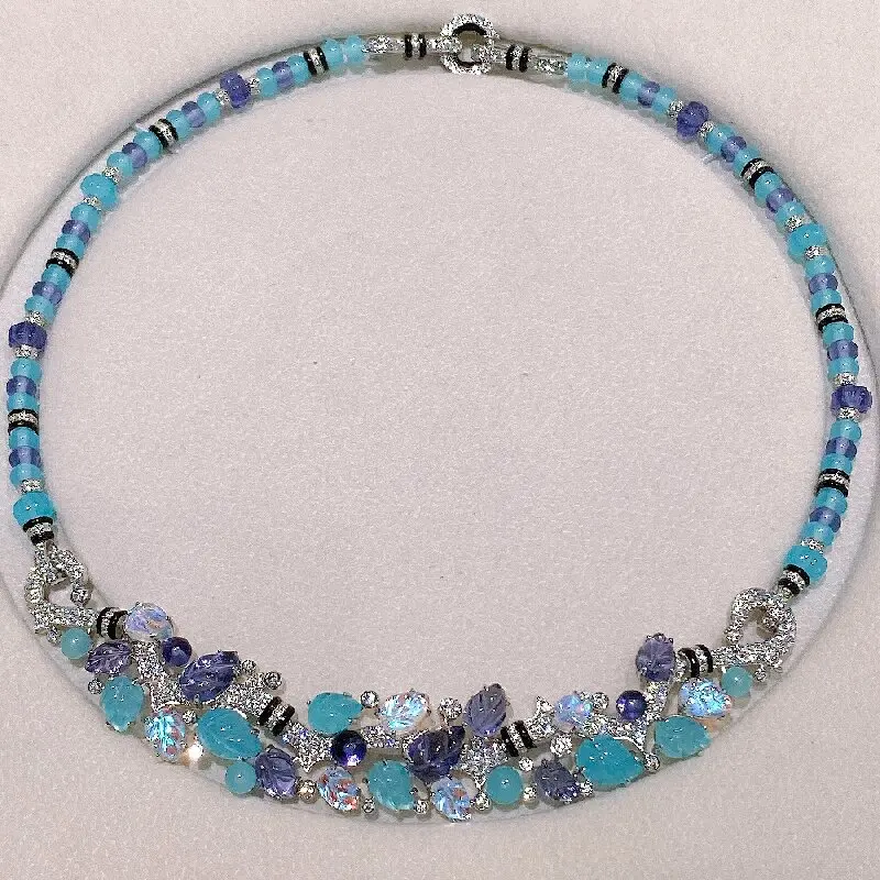 

ARIGAYA Стерлингового Серебра 925 пробы 38 см Морской Синий Опал Кристалл Воротник Колье Ожерелье Фруктовый Стиль Овальный Цвет Циркон Для Женщин