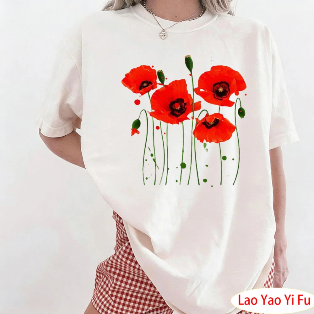 Watercolor Red Poppy Flower Gardening Plants Lover Gift T-Shirt Red Flower Graphic T-shirt Holiday Leisure and Vacation Tees
