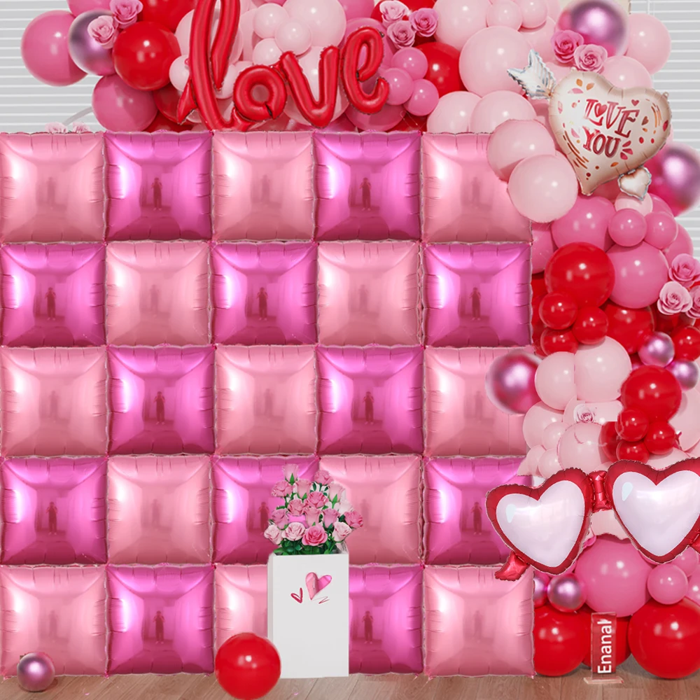 25pcs Square Foil Balloons Double Sided Pink Balloon Valentine's Day Wedding Party Decor Anniversary Birthday Background Decor